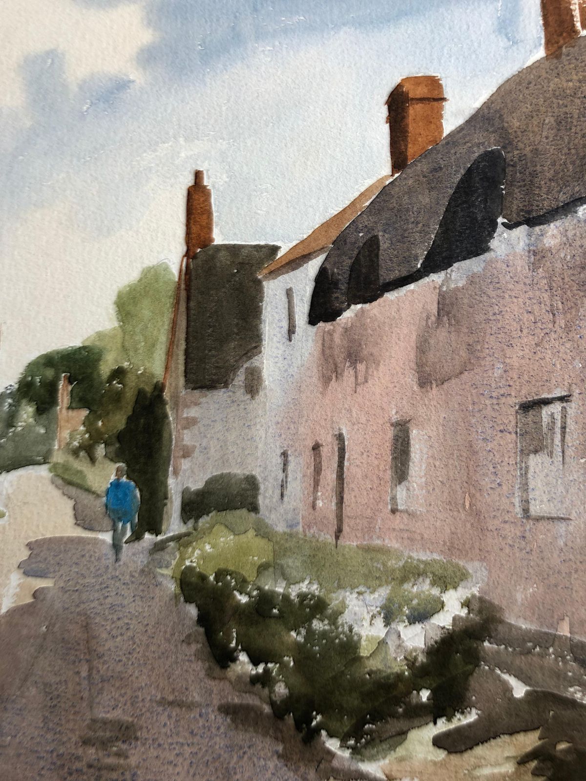 Unknownthatched Cottages Rural Street, Original British Watercolour Paintingcirca 1990 photo 173.0