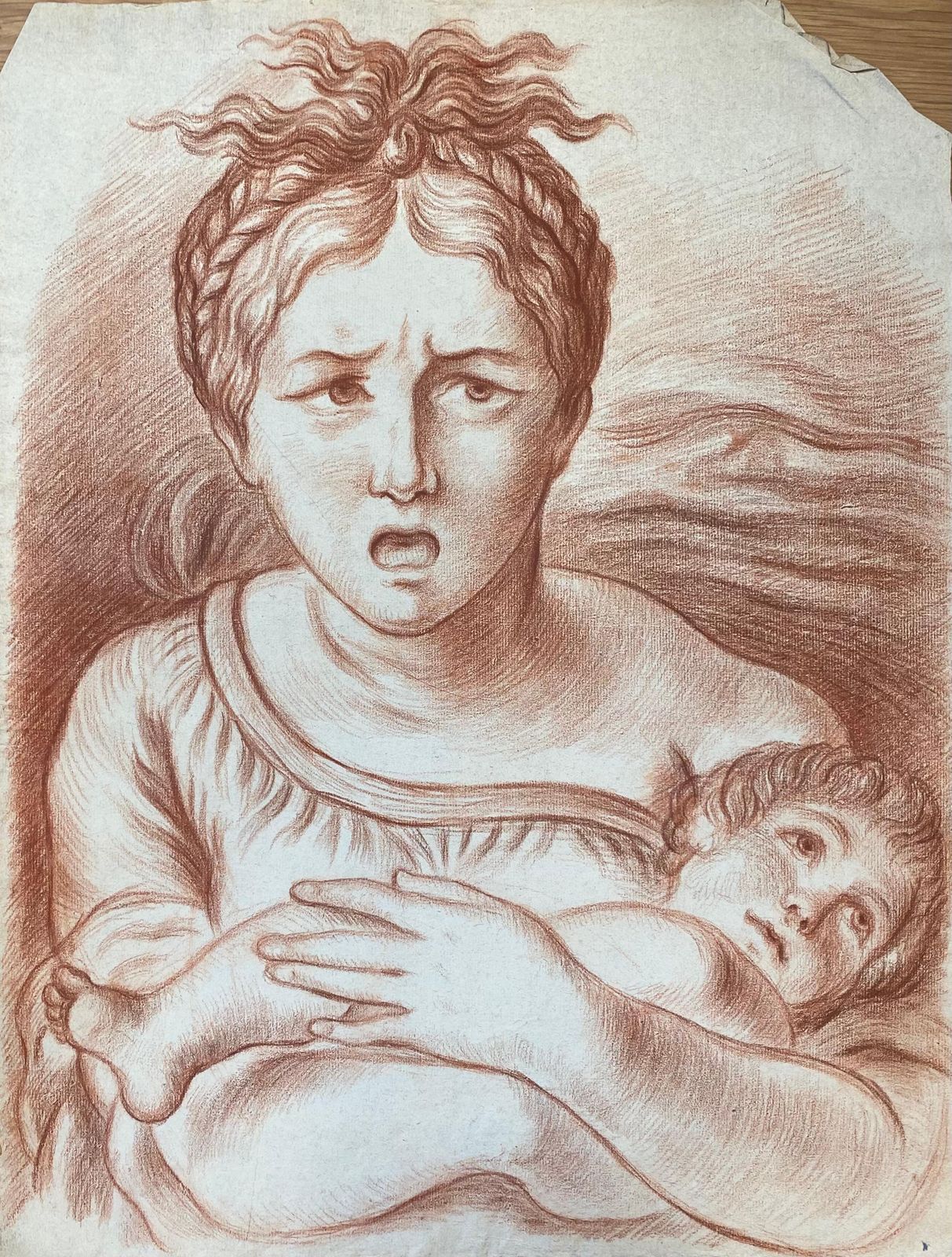 Unknownantique French Old Master Sanguine Chalk Drawing Mother & Child Portrait19th Century photo for sale