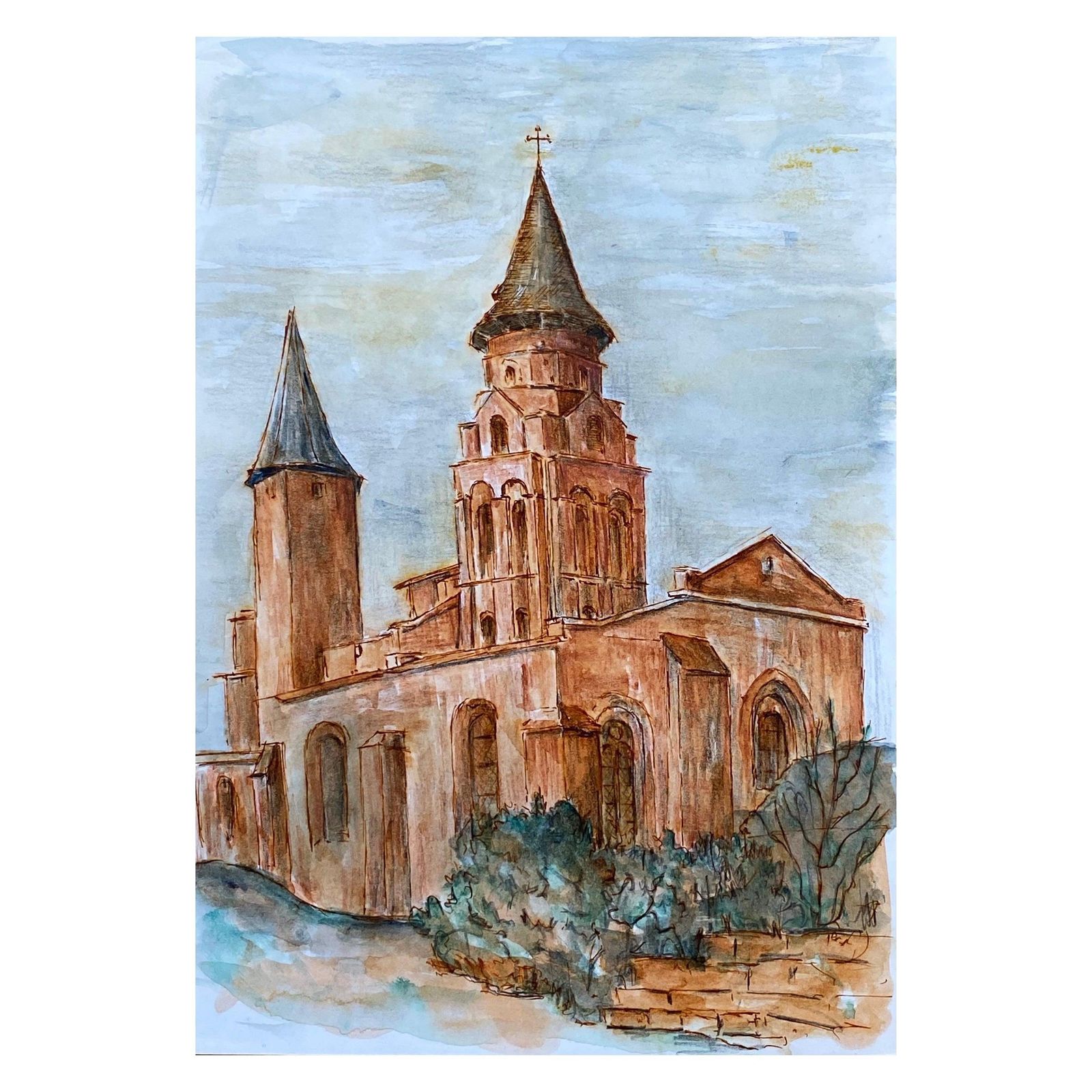 Unknown1950's French Modernist/ Cubist Painting   Orange French Church1950