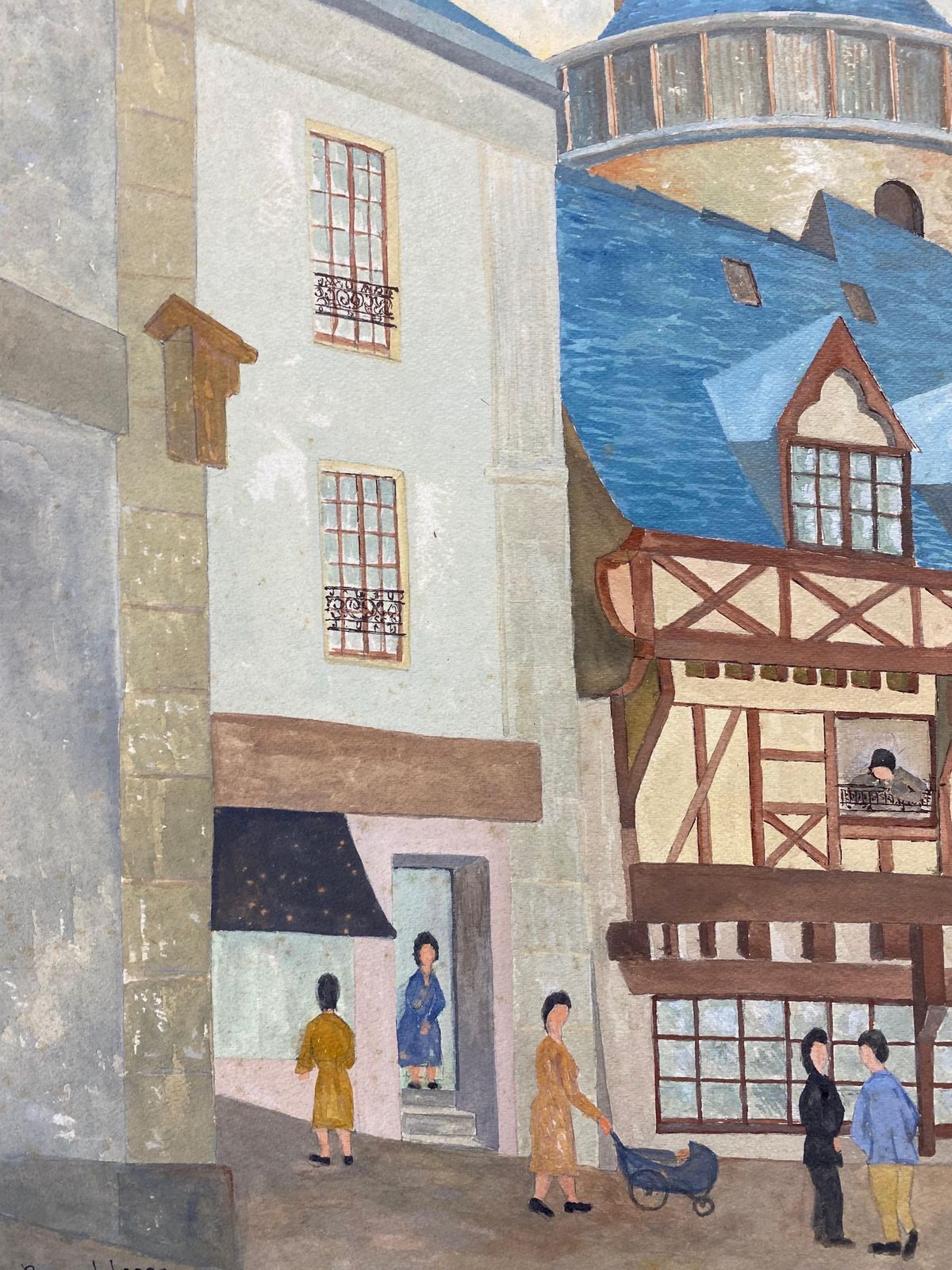 Unknown1950's Modernist Signed Painting, Figures In French Town1950s photo furniture