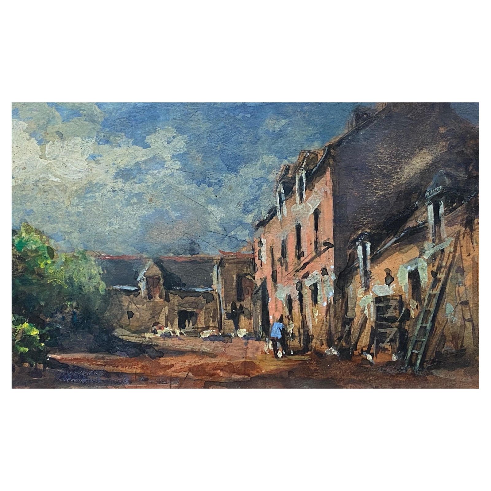 Unknownfrench Impressionist En Plein Air Oil Painting   Village Scene With Figures20th Century