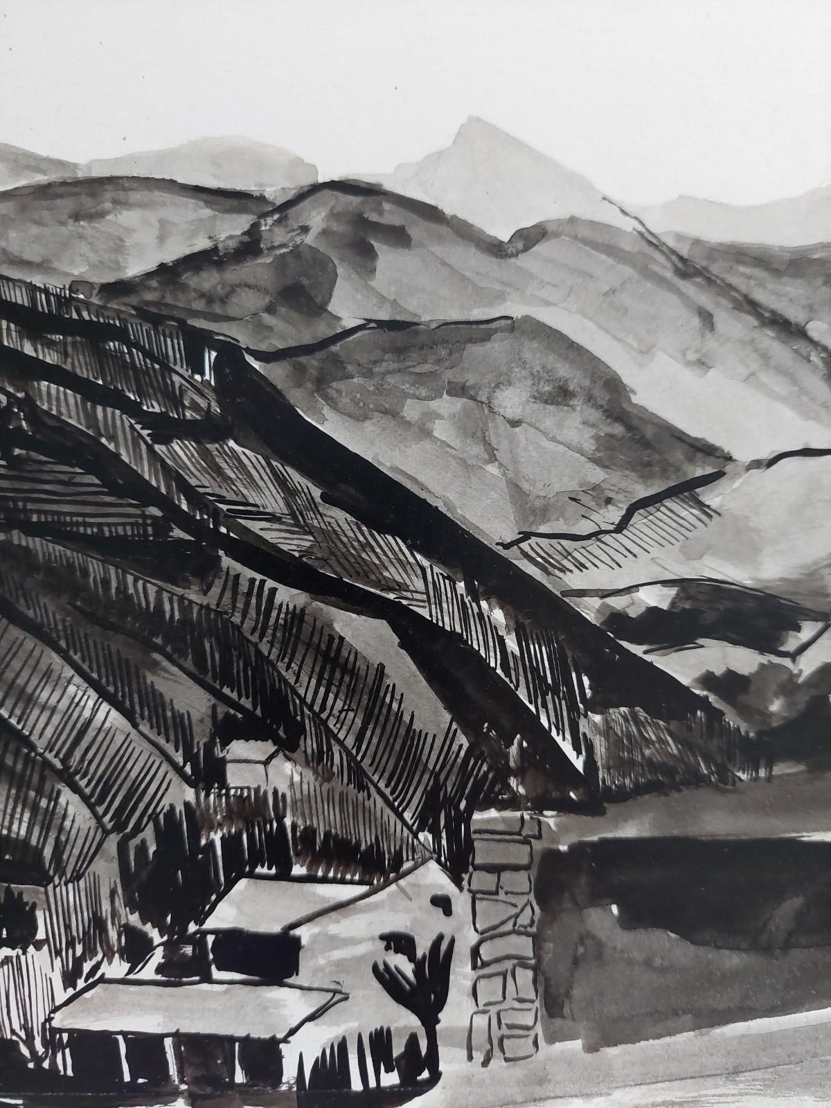 photo for sale Bernard Labbe20th Century French Modernist Cubist Painting, En Grisaille French Landscape20th Century