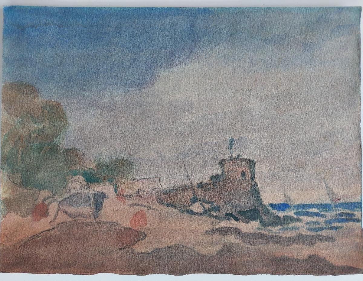 Unknownfrench Modernist Cubist Painting Fishing Boats By Coastal Fortification20th Century photo furniture