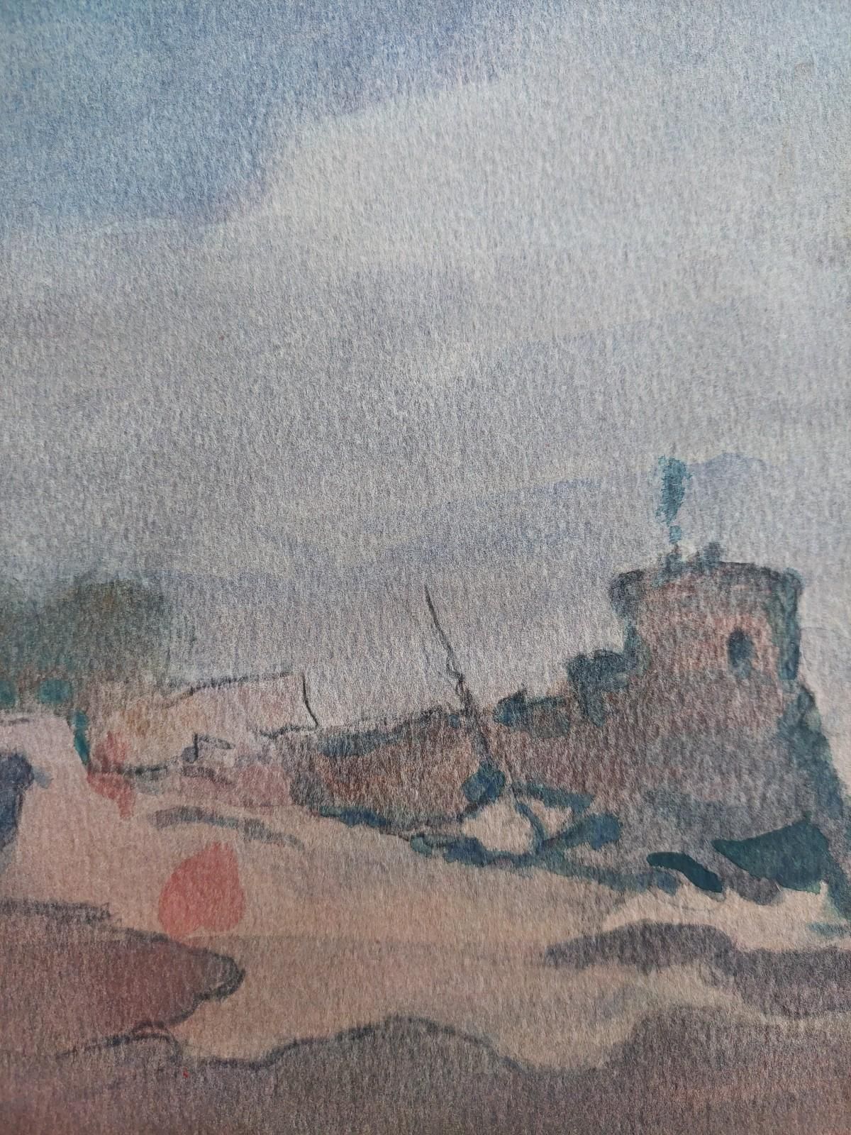 Unknownfrench Modernist Cubist Painting Fishing Boats By Coastal Fortification20th Century photo for sale