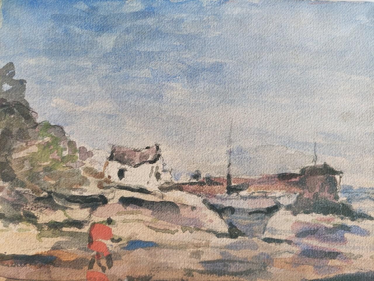 Unknownfrench Modernist Cubist Painting Figure By The Harbour20th Century photo buy