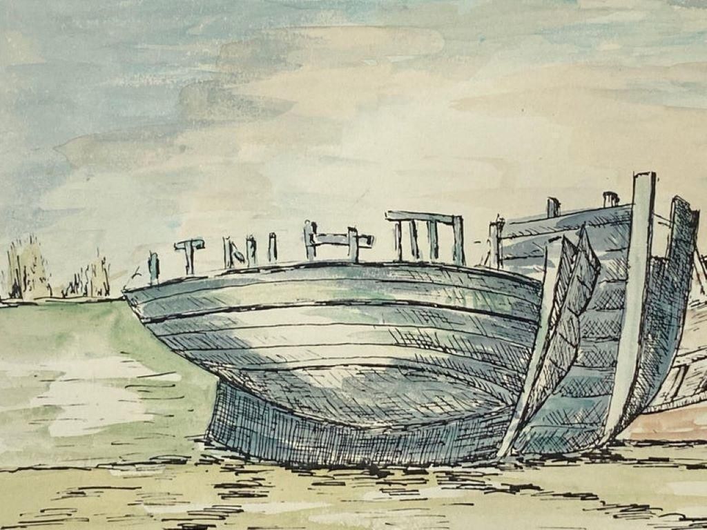 Unknown1950's French Modernist/ Cubist Painting Signed, The Three Boats1950 photo Art