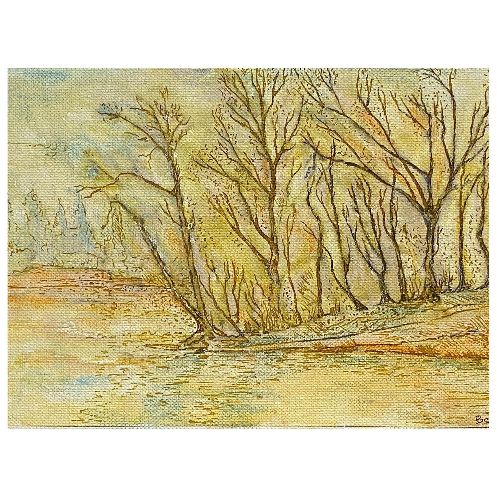 Unknown1950's French Modernist/ Cubist Painting Signed, Woodland Over Lake1950s