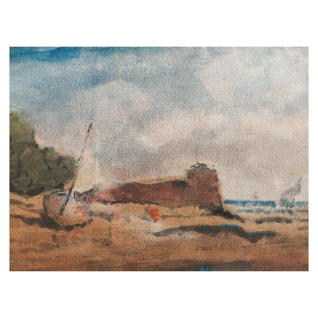 Maurice Mazeiliefrench Modernist Cubist Painting Boat Pulled Up On The Shore20th Century