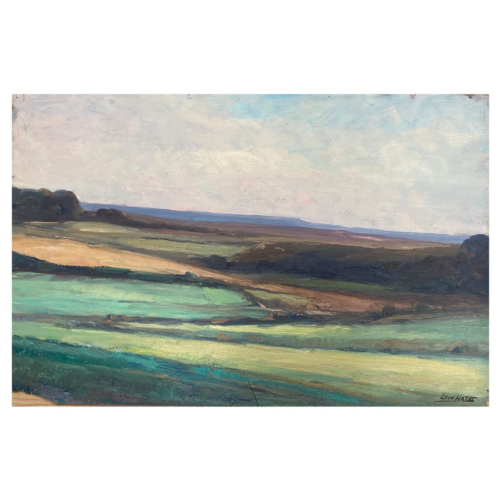 Leon Hatotantique Signed French Impressionist Oil, Panoramic Rolling Landscape Fieldsearly 20th Century