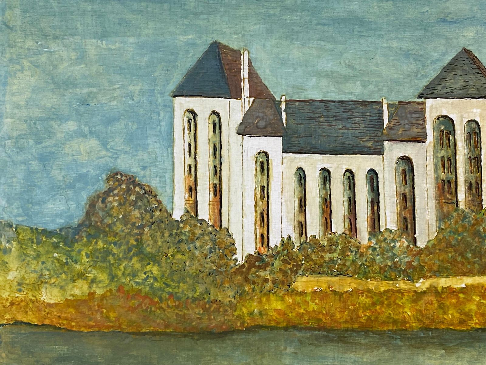 Unknown1950's Modernist Signed Painting, Large French Building Over River1950s photo 504.0