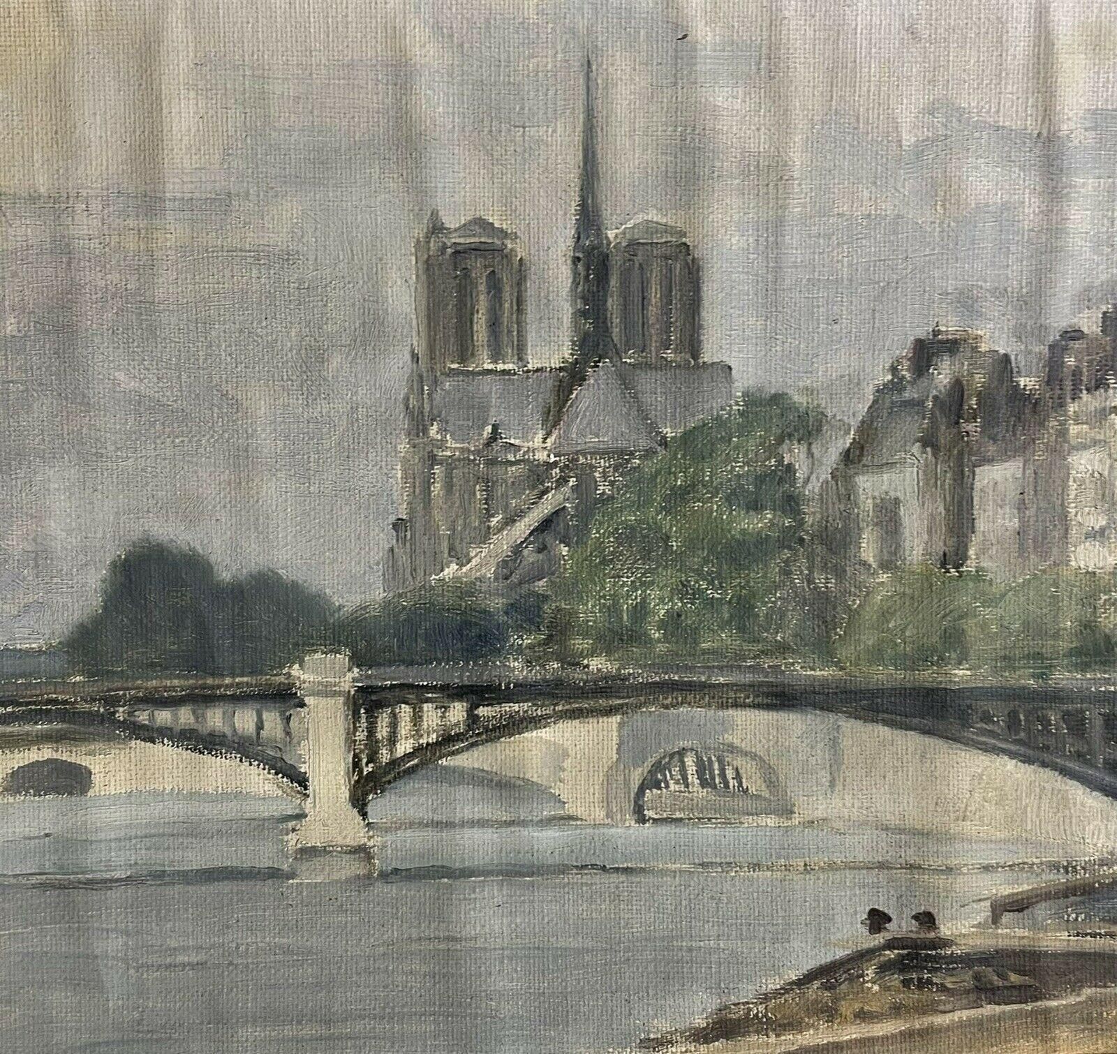 Unknownnotre Dame Paris From The River Seine, Mid 20th Century French Framed Oilmid 20th Century photo for sale