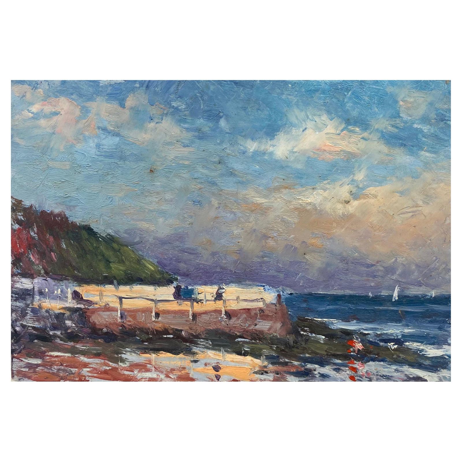 Unknownfrench Impressionist Oil Landscape, Beautiful Ocean Beach California20th Century