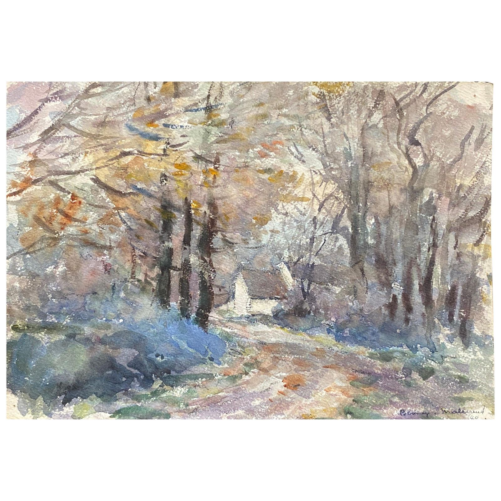 Unknownwoodland Cottage, French Signed Impressionist Gouache Paintingcirca 1940s