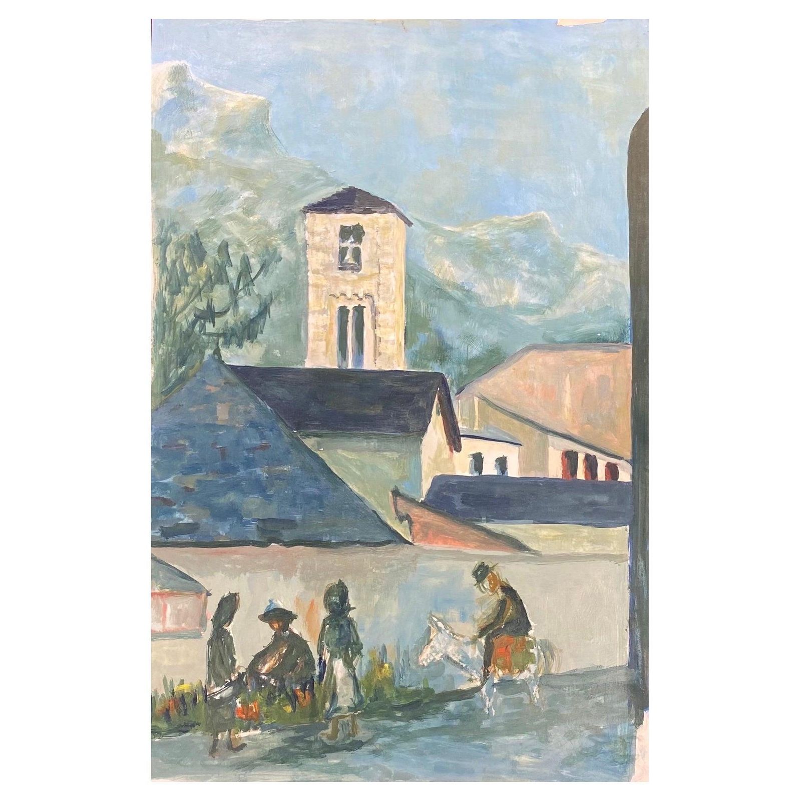 Unknown1950's Modernist Painting, Bright Blue Town Landscape With Horse And Figures1950s