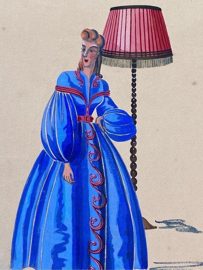 Unknown1940's Fashion Illustration, Lady In Bright Blue Puffy Dress, Interior Scenecirca 1940s photo Art