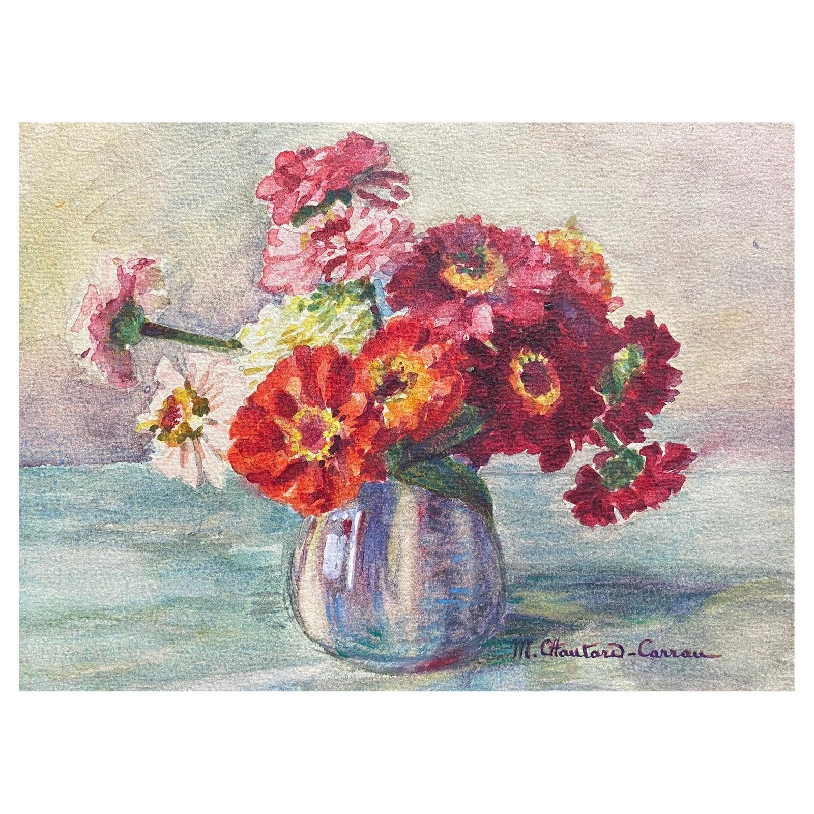Unknownearly 1900's French Impressionist Signed Flower Watercolour By Marie Carreaucirca 1900s