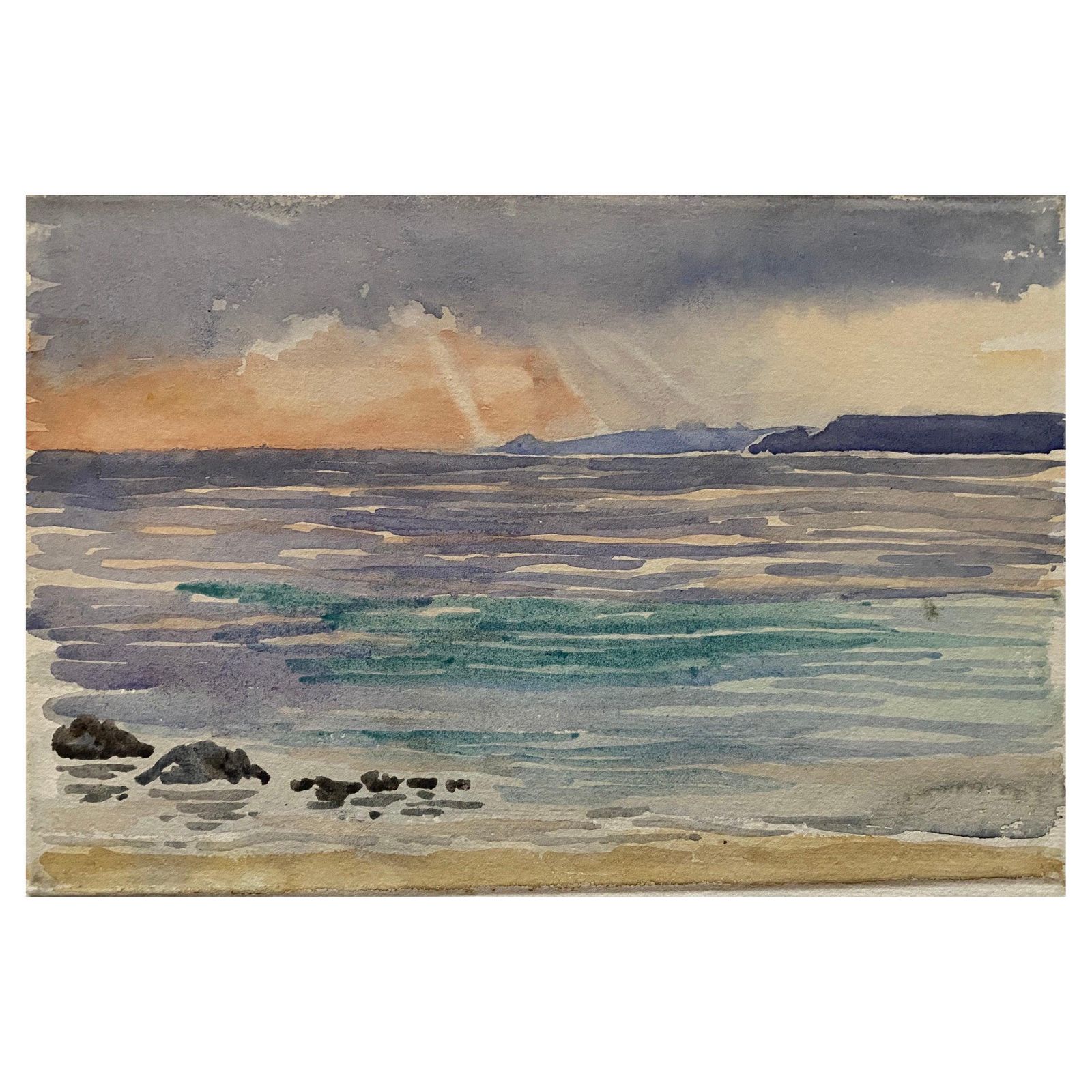 Unknown1900's English Impressionist Watercolor Painting Beautiful Sunset Onto Blue Seacirca 1900s