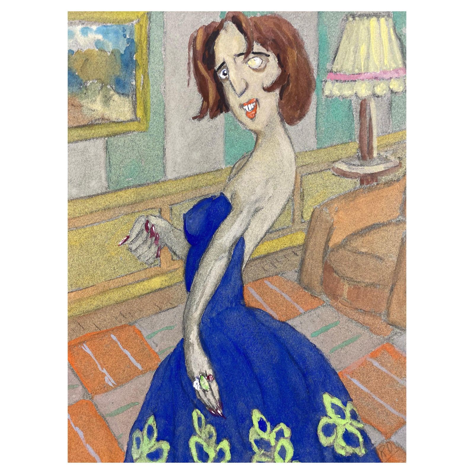 Unknown1960's French Portrait Posed Lady In Blue Dress Caricaturecirca 1960s