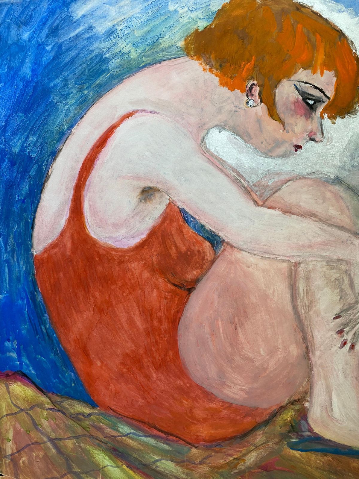 Unknown1960's French Portrait Auburn Haired Sulking Women In Swimsuitcirca 1960s photo furniture