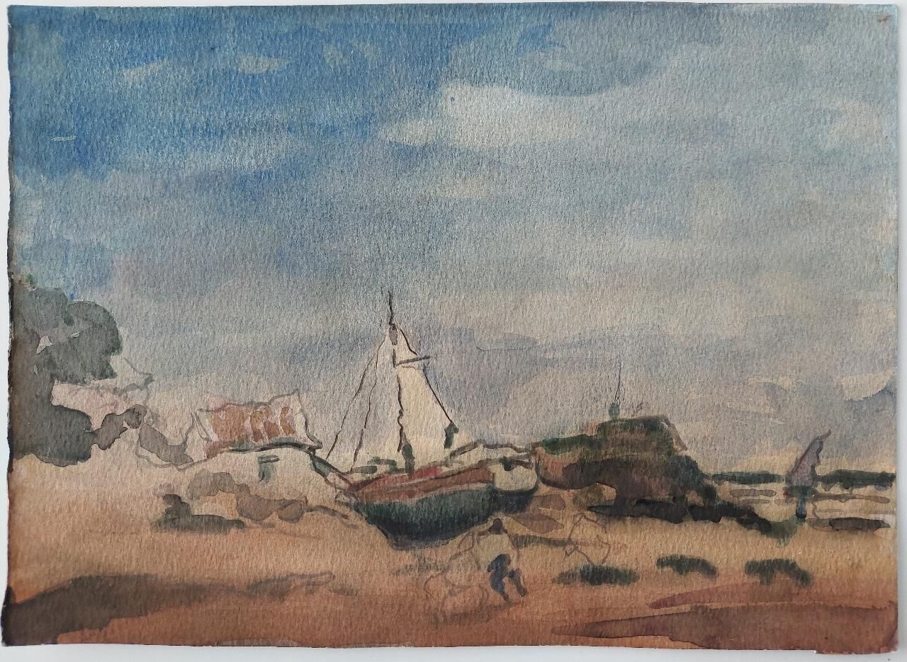 Maurice Mazeiliefrench Modernist Cubist Painting Fishing Boats On Rocky Coast20th Century photo vinterior