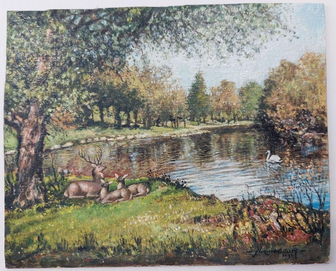 English  Schooltraditional English Painting Deer By A River In English Parkland20th Century photo furniture