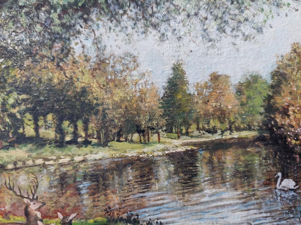 English  Schooltraditional English Painting Deer By A River In English Parkland20th Century photo vintage