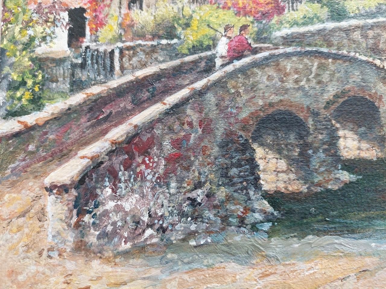 English  Schooltraditional English Painting Country Village Pack Horse Bridge Crossing River20th Century photo buy