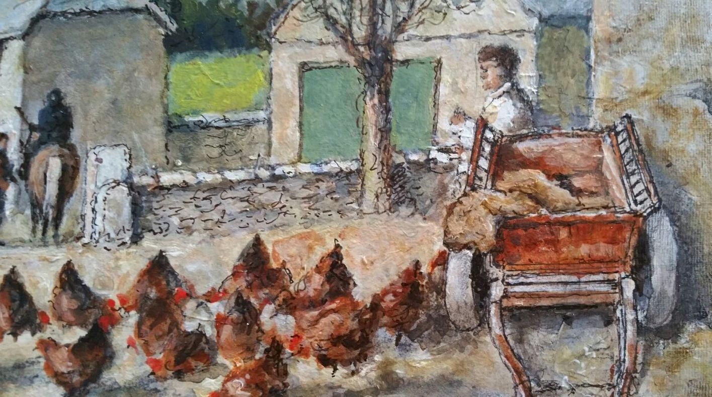English  Schooltraditional English Painting South Devon Farmyard Chickens At Aveton Gifford20th Century photo Art