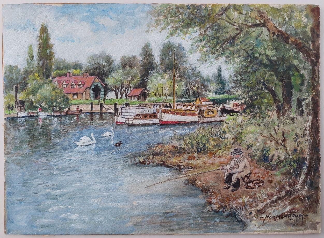 English  Schooltraditional English Painting Angler Fishing At Teddington, London England20th Century photo furniture