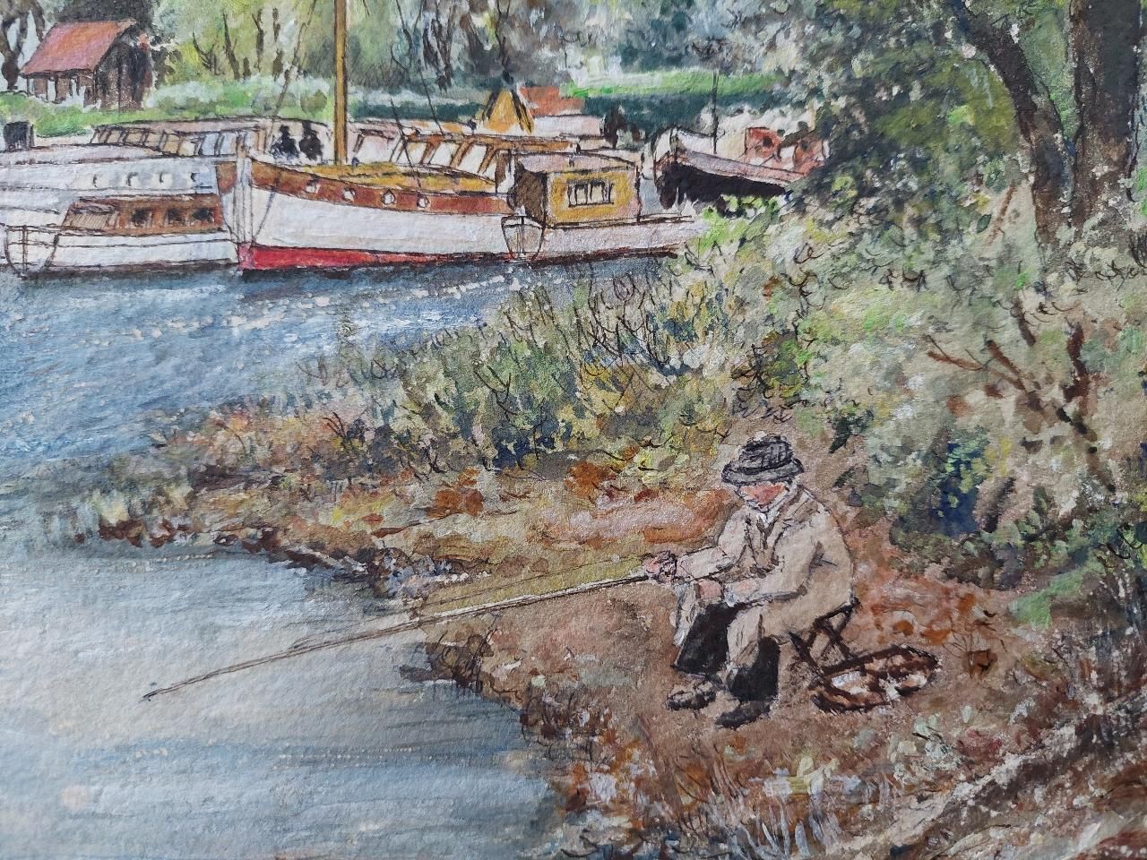 English  Schooltraditional English Painting Angler Fishing At Teddington, London England20th Century photo vinterior