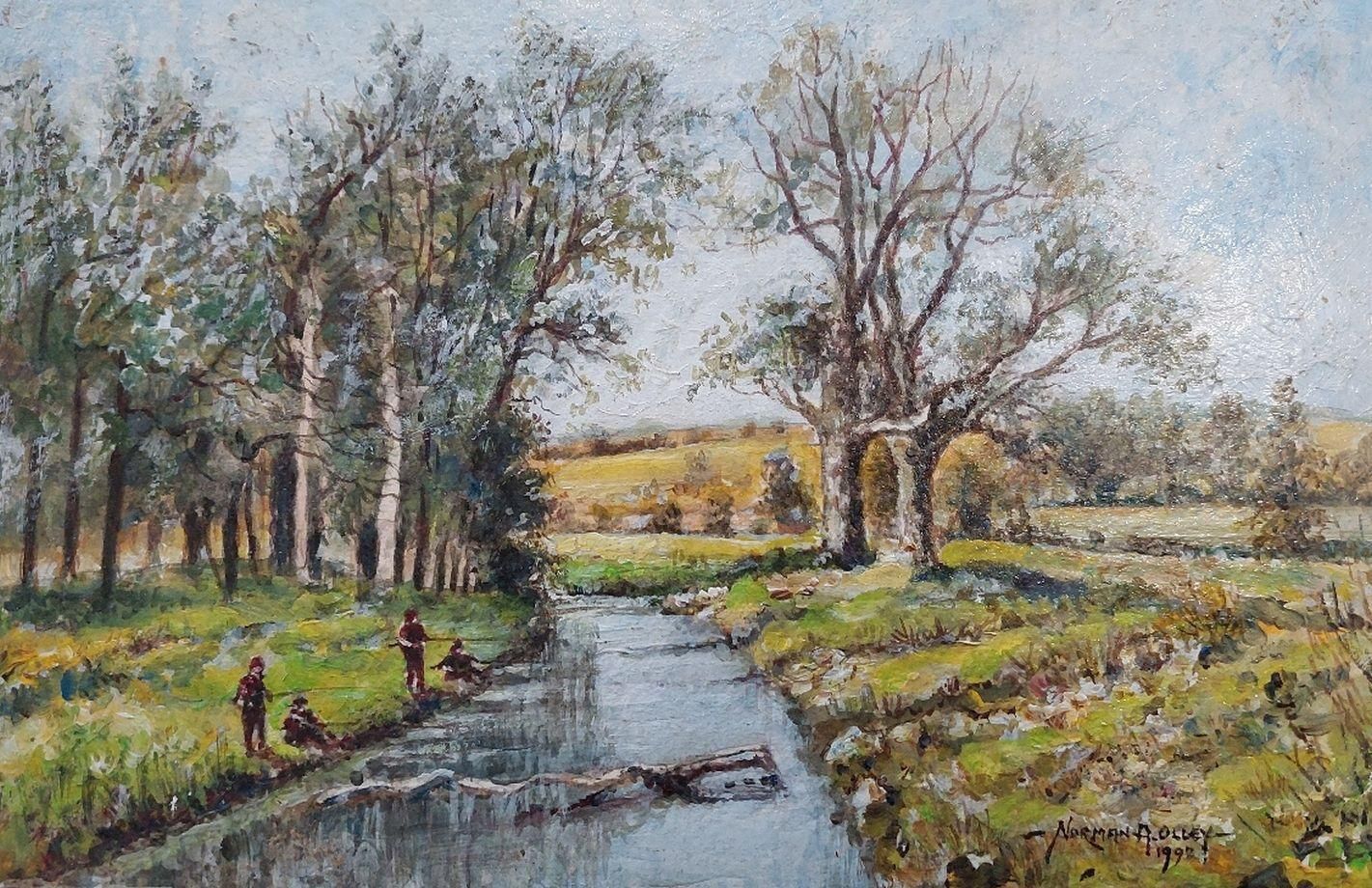 English  Schooltraditional English Painting Boys Fishing Near Upnor In Kent20th Century photo for sale