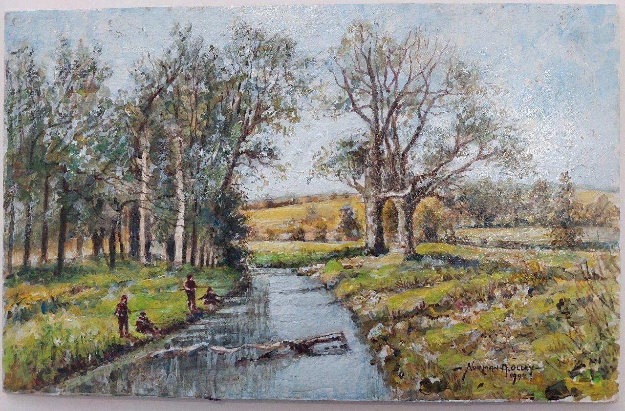 611.0 English  Schooltraditional English Painting Boys Fishing Near Upnor In Kent20th Century photo