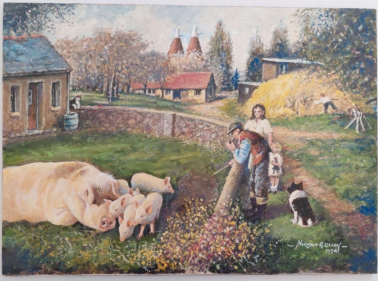 English  Schooltraditional English Painting English Farmyard Scene In Kent Farmer & Pigs20th Century photo furniture