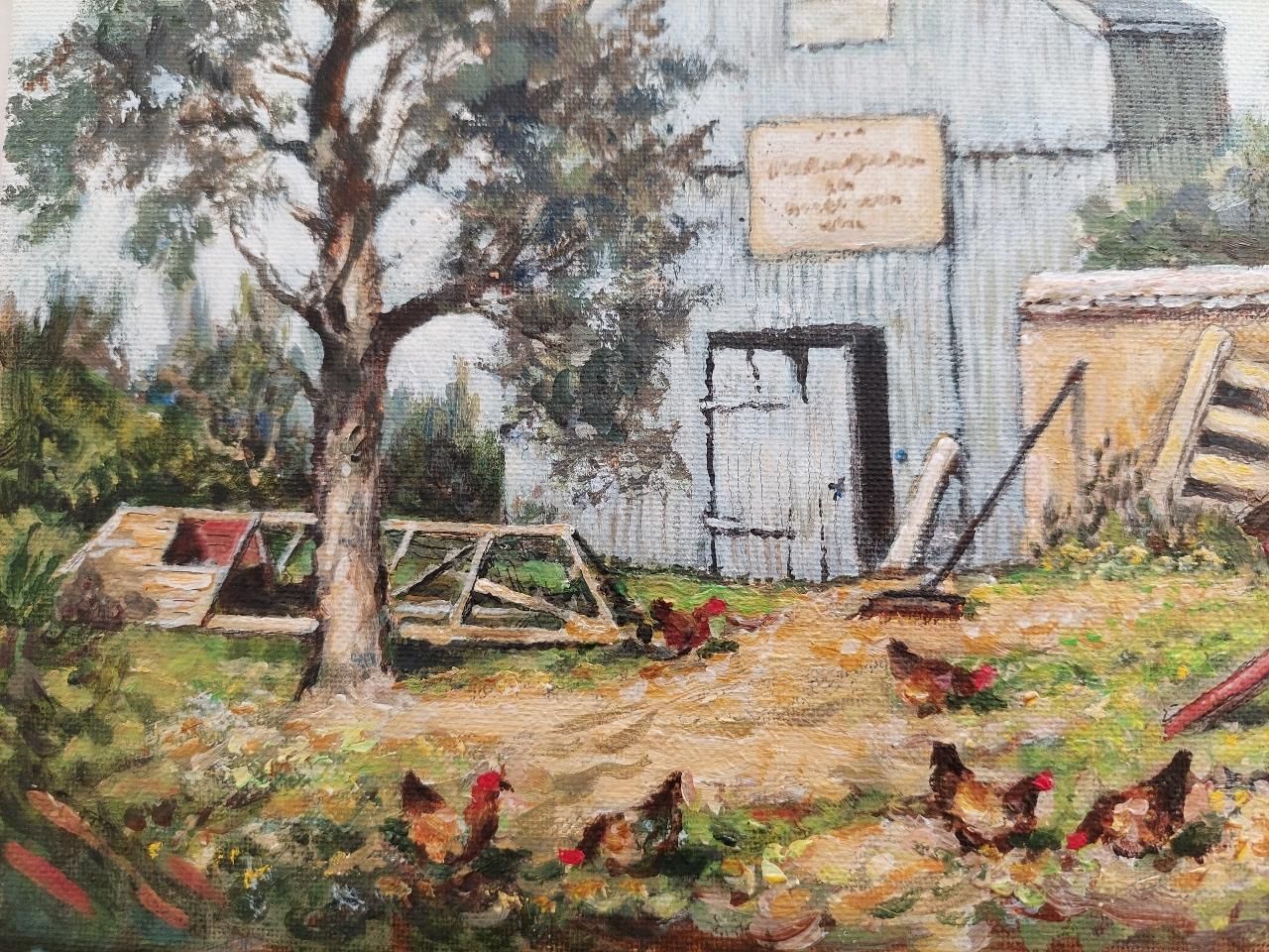 English  Schooltraditional English Painting Scots Pine And Chickens In A Cornish Farmyard20th Century photo buy