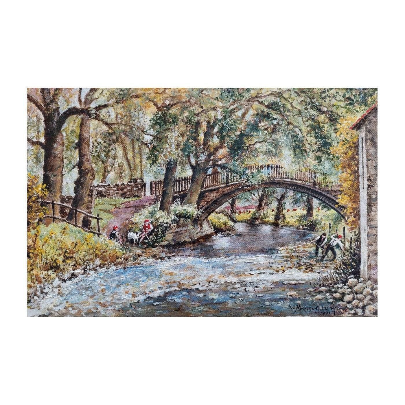 English  Schooltraditional English Painting River Workers, Beckford Bridge Bingley Yorkshire20th Century