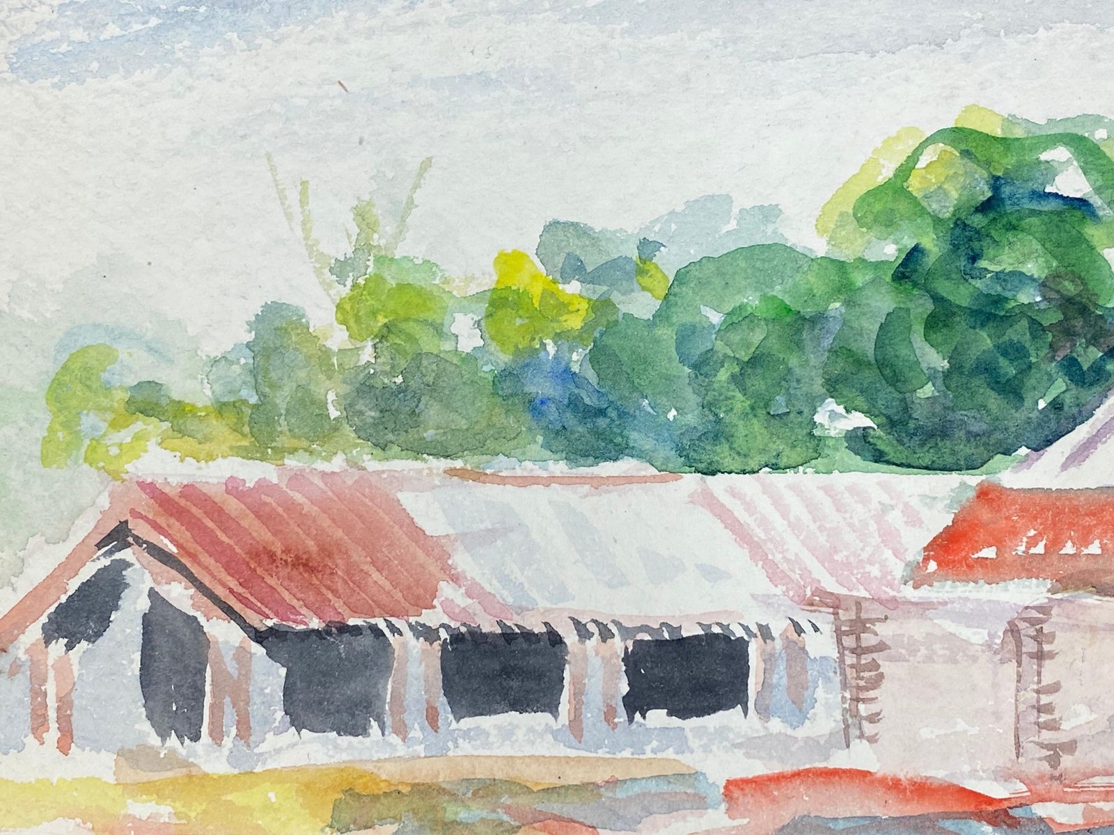 Akos Birocolourful Abstract, French Expressionist Original Painting Farm Buildingscirca 1980s photo for sale