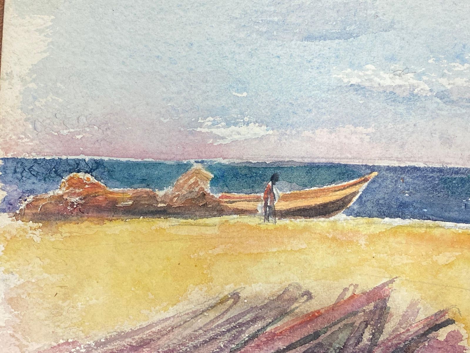 Akos Birofigure On Sandy Beach Boat & Dog, French Expressionist Original Paintingcirca 1980s photo for sale