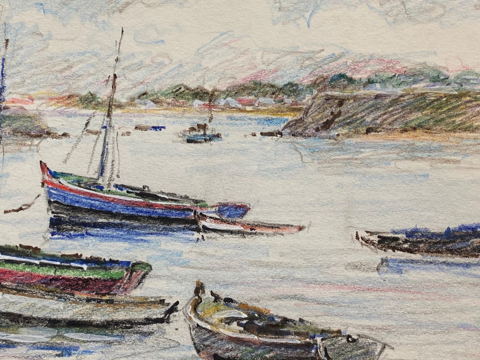 Unknownsailing Boats Moored At Sea, French Signed Impressionist Crayon Drawingcirca 1940s photo for sale