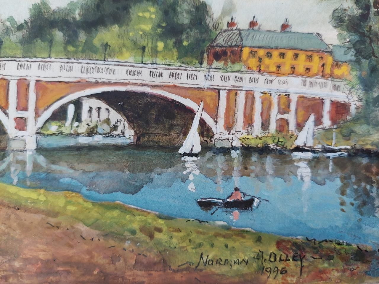 English  Schooltraditional English Painting Hampton Court Bridge In London20th Century photo buy