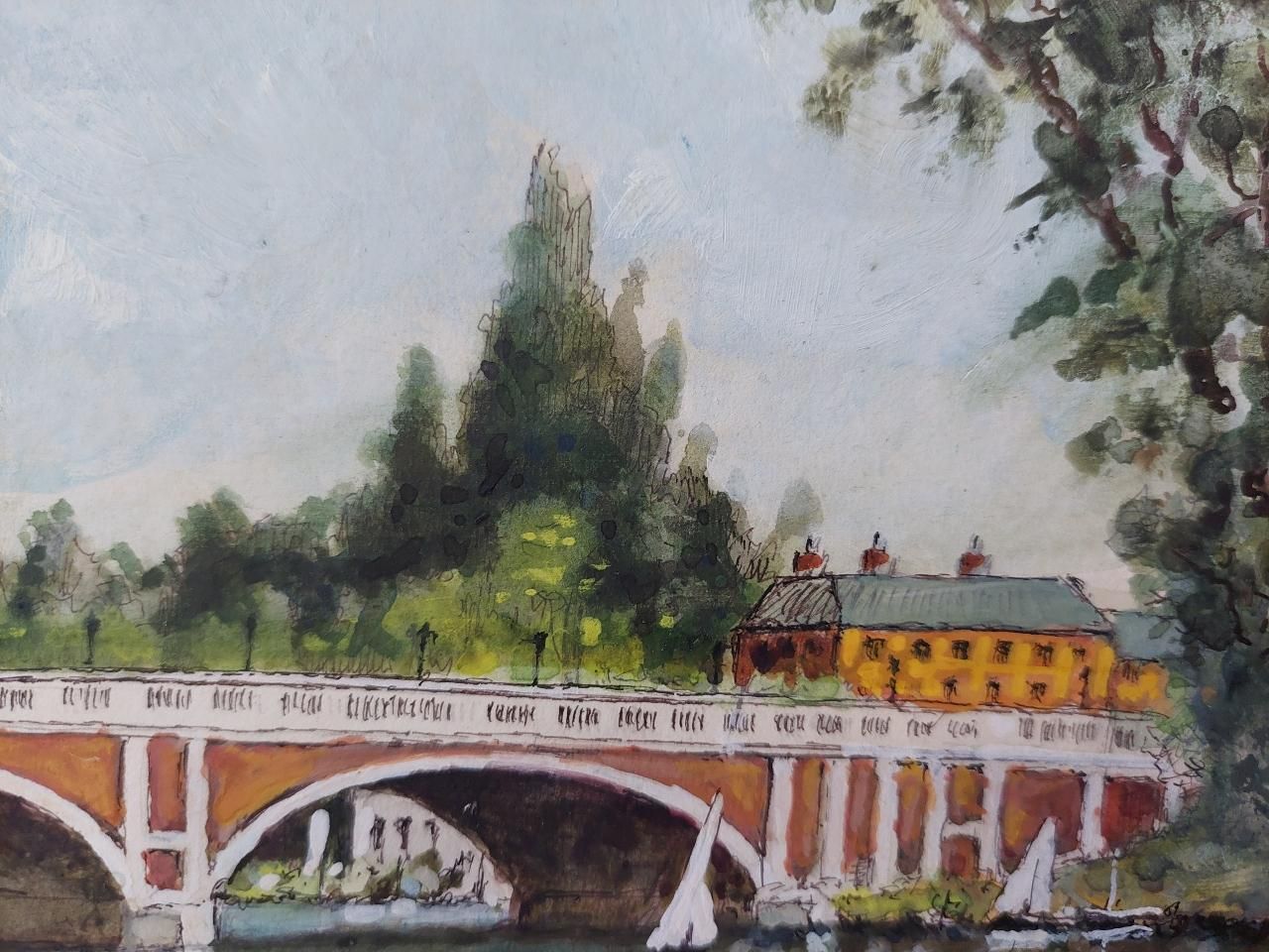 English  Schooltraditional English Painting Hampton Court Bridge In London20th Century photo vintage