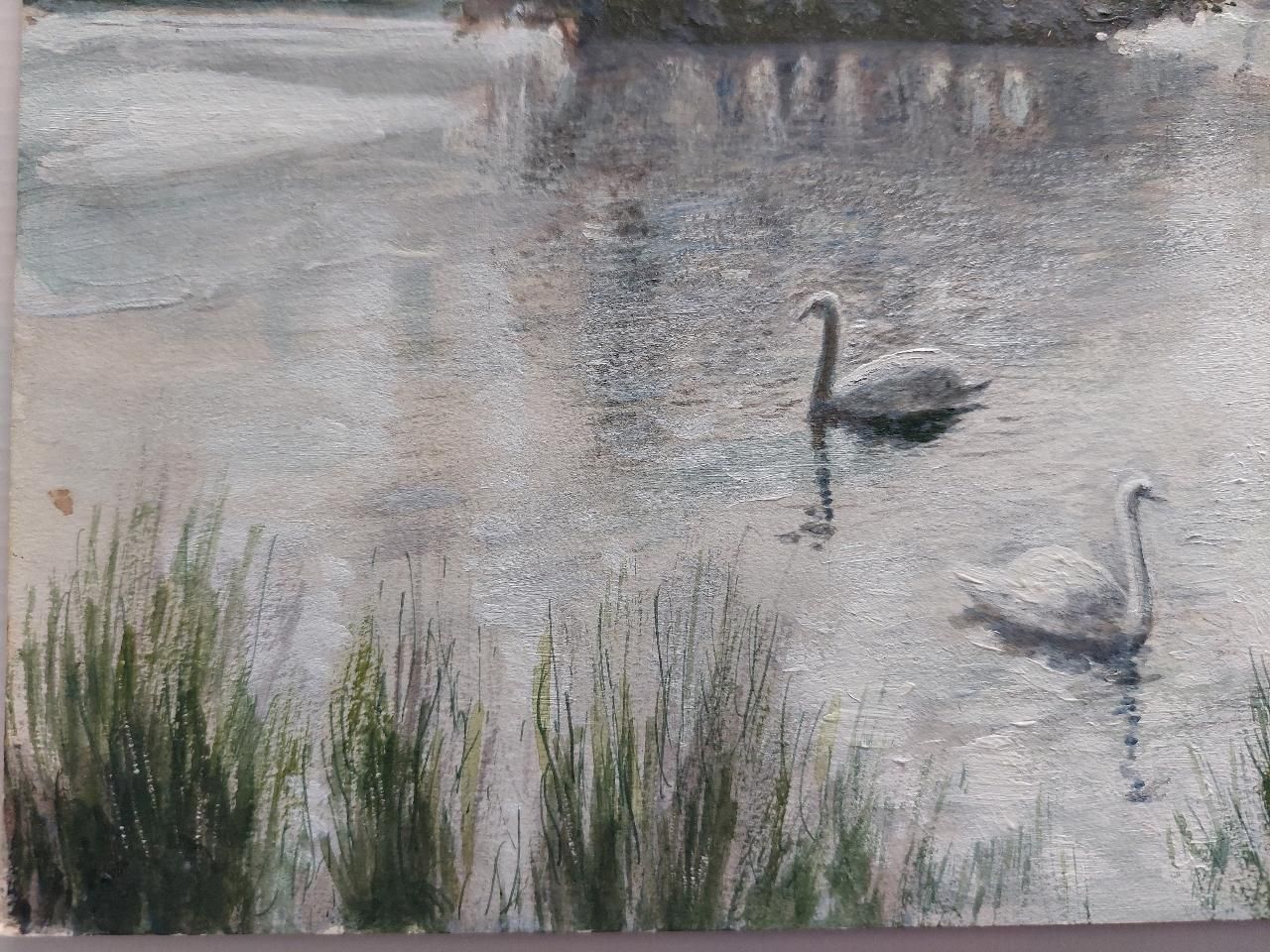 English  Schooltraditional English Painting Children Feeding Swans Richmond Park London20th Century photo vinterior