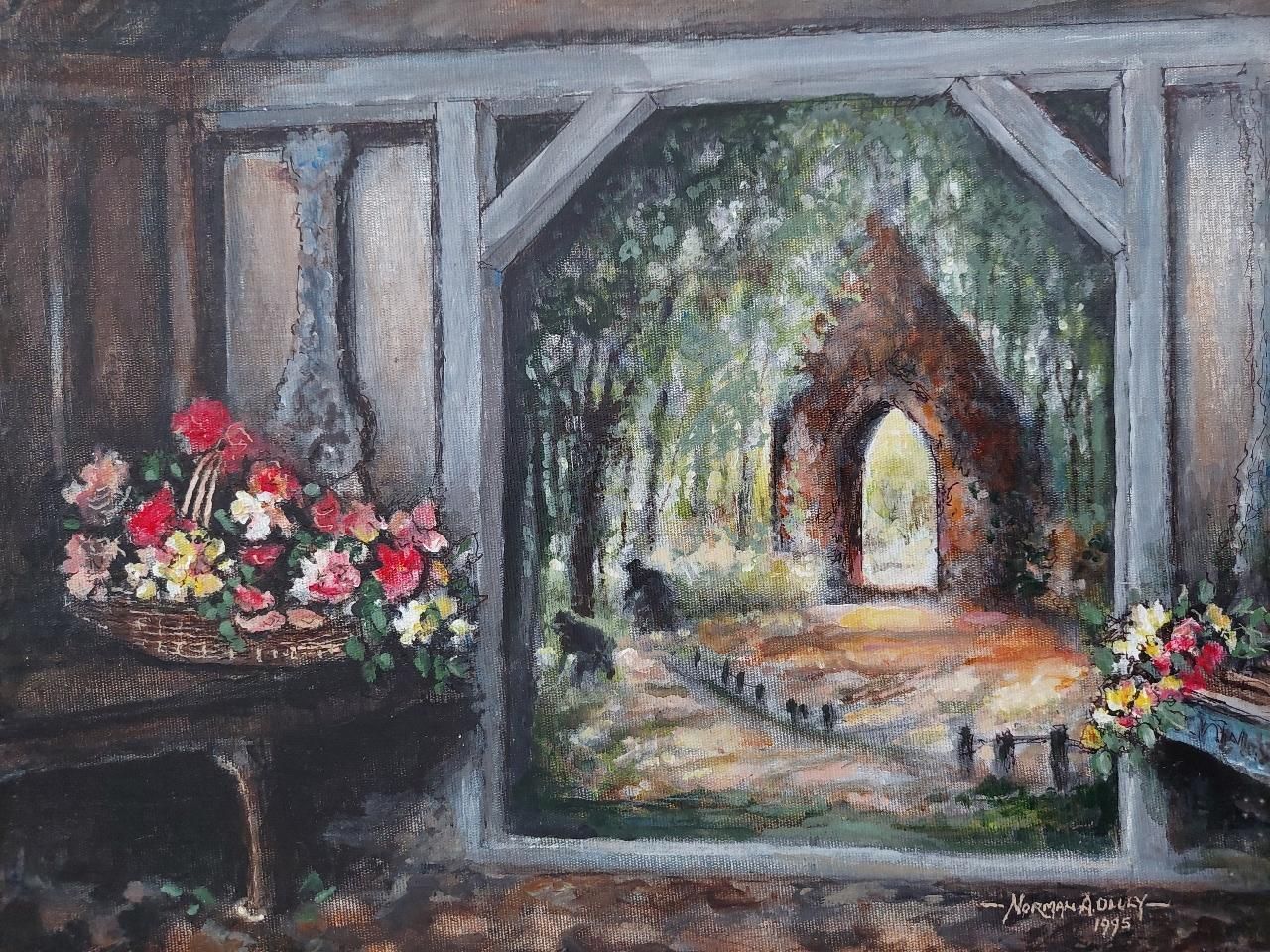 English  Schooltraditional English Painting A Monastery Garden, England, View From Interior20th Century photo vinterior