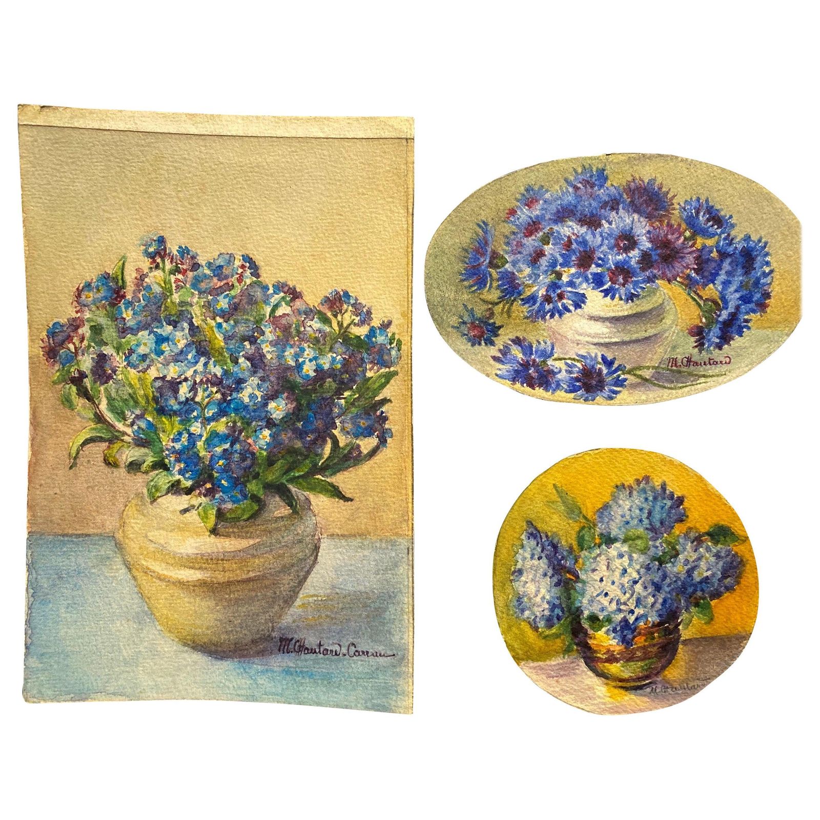 Unknown3 X Early 1900's French Impressionist Signed Flower Watercolours Marie Carreaucirca 1900s