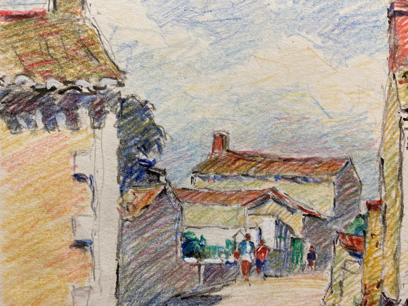 Unknowncamille Meriot French Signed Impressionist Crayon Drawing Brittany Village photo Art