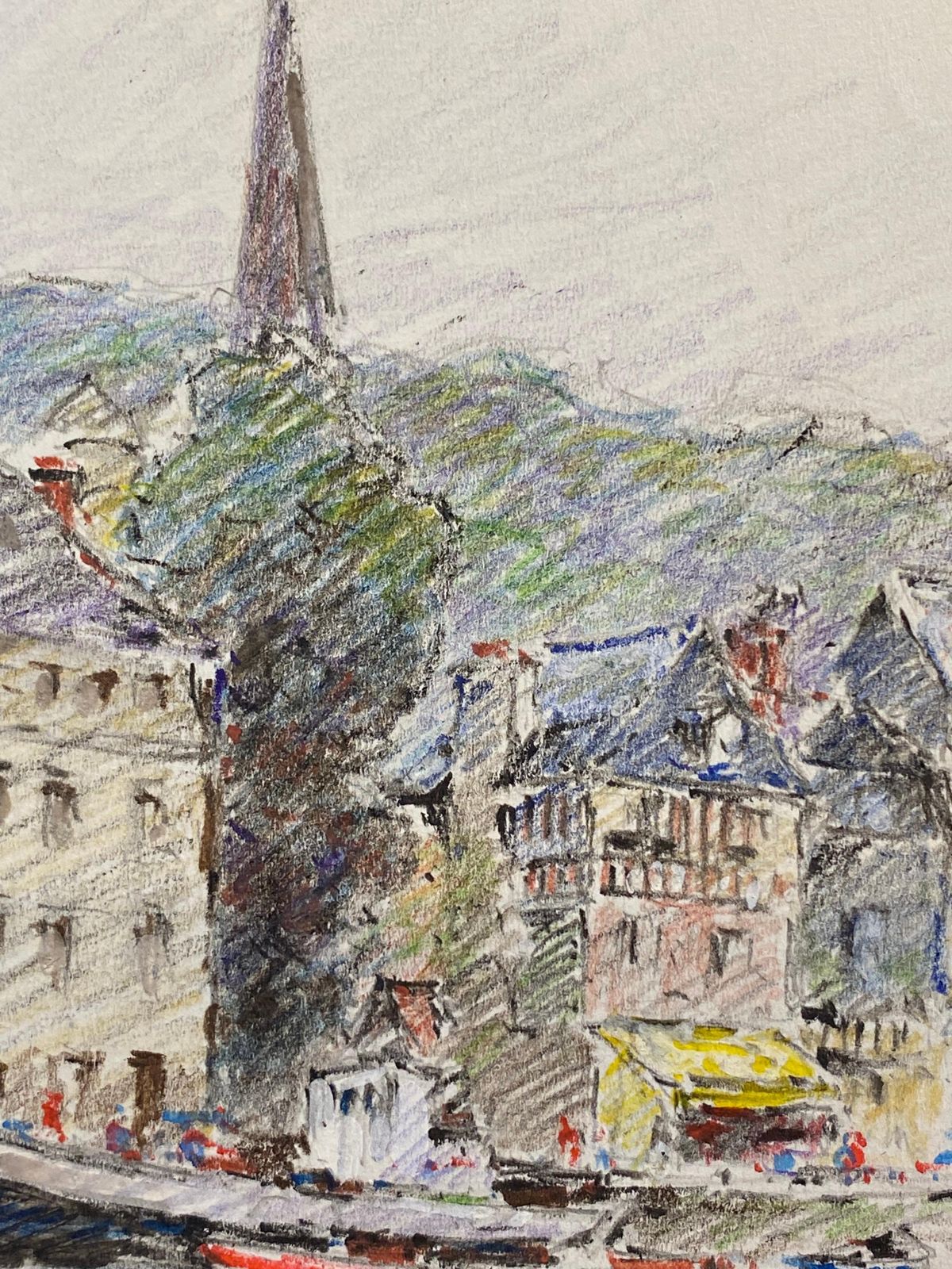 Unknownantique French Signed Impressionist Crayon Drawing Boats In Honfleur Harbour photo furniture