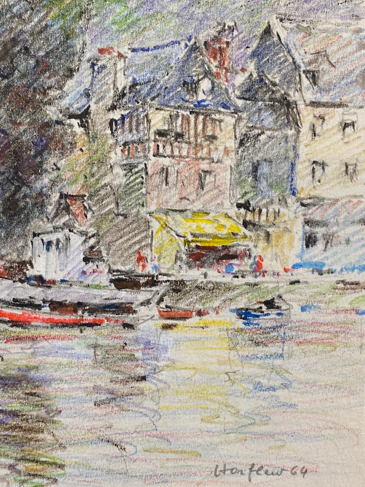 Unknownantique French Signed Impressionist Crayon Drawing Boats In Honfleur Harbour photo for sale