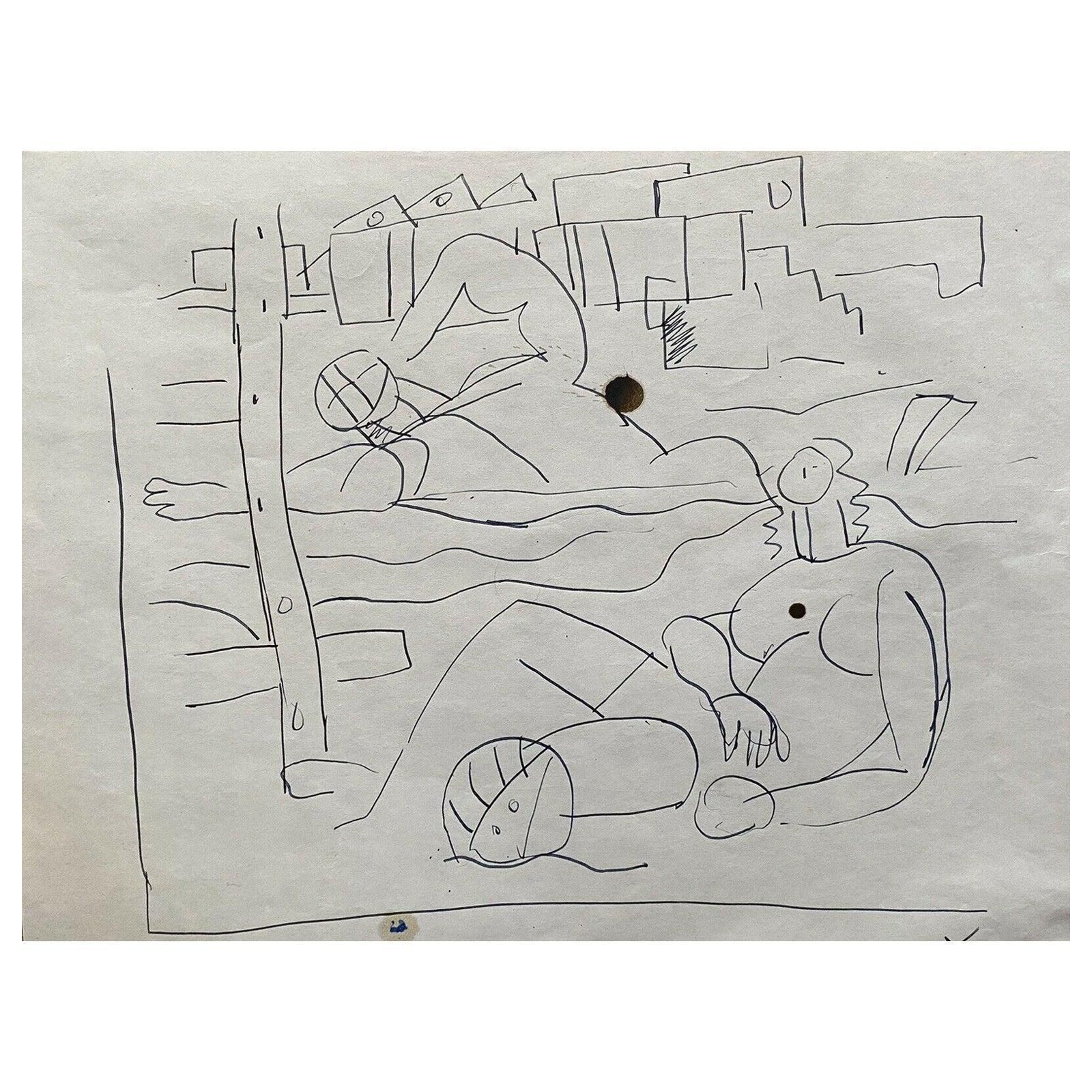 Unknowncarlos Carnero Original Pen & Ink Drawing, Figures On The Beachmid 20th Century