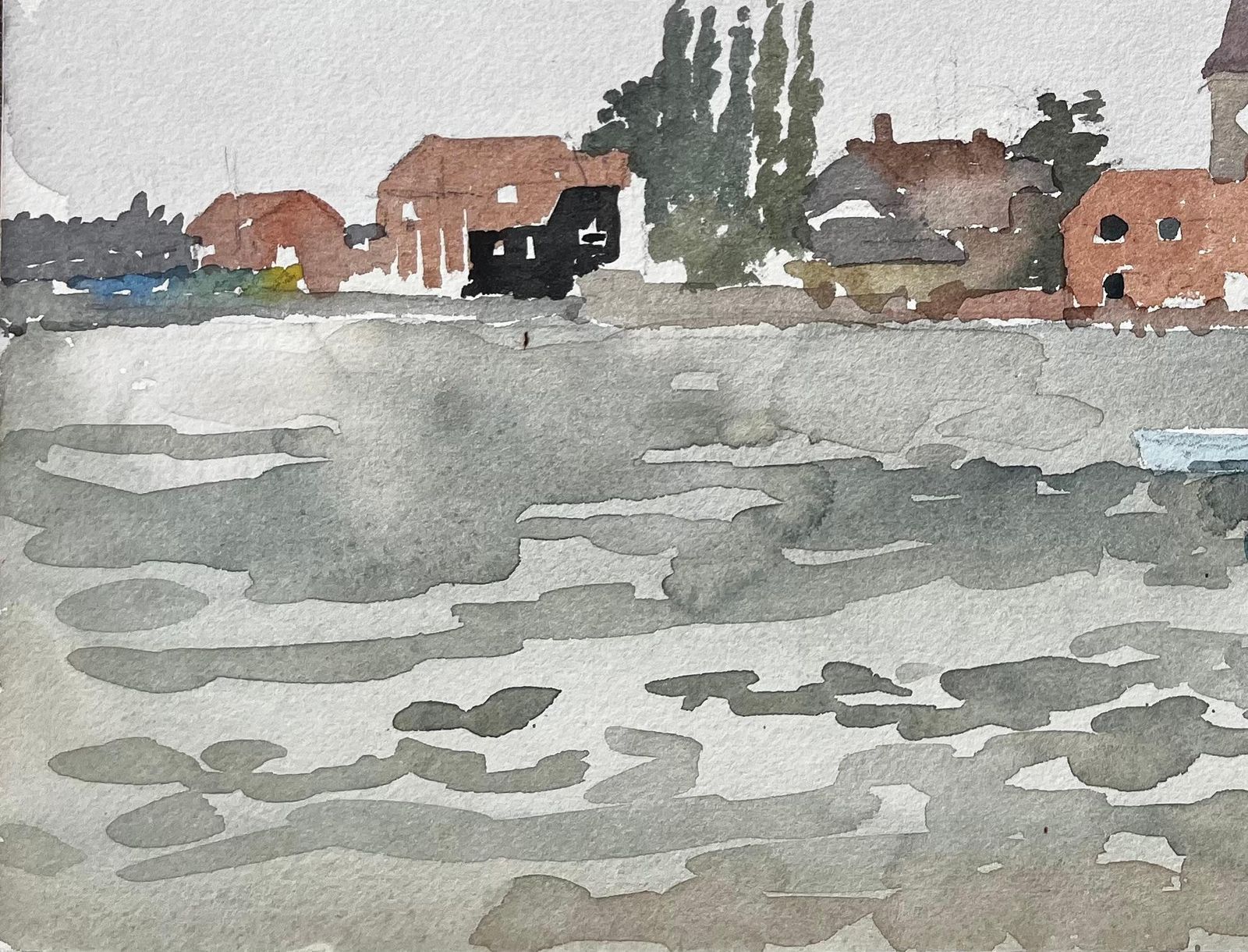 Anthony Herbertwaterside Village Scene With Boats And Church Bosham Sussex 1970s Watercolour1976 photo Art