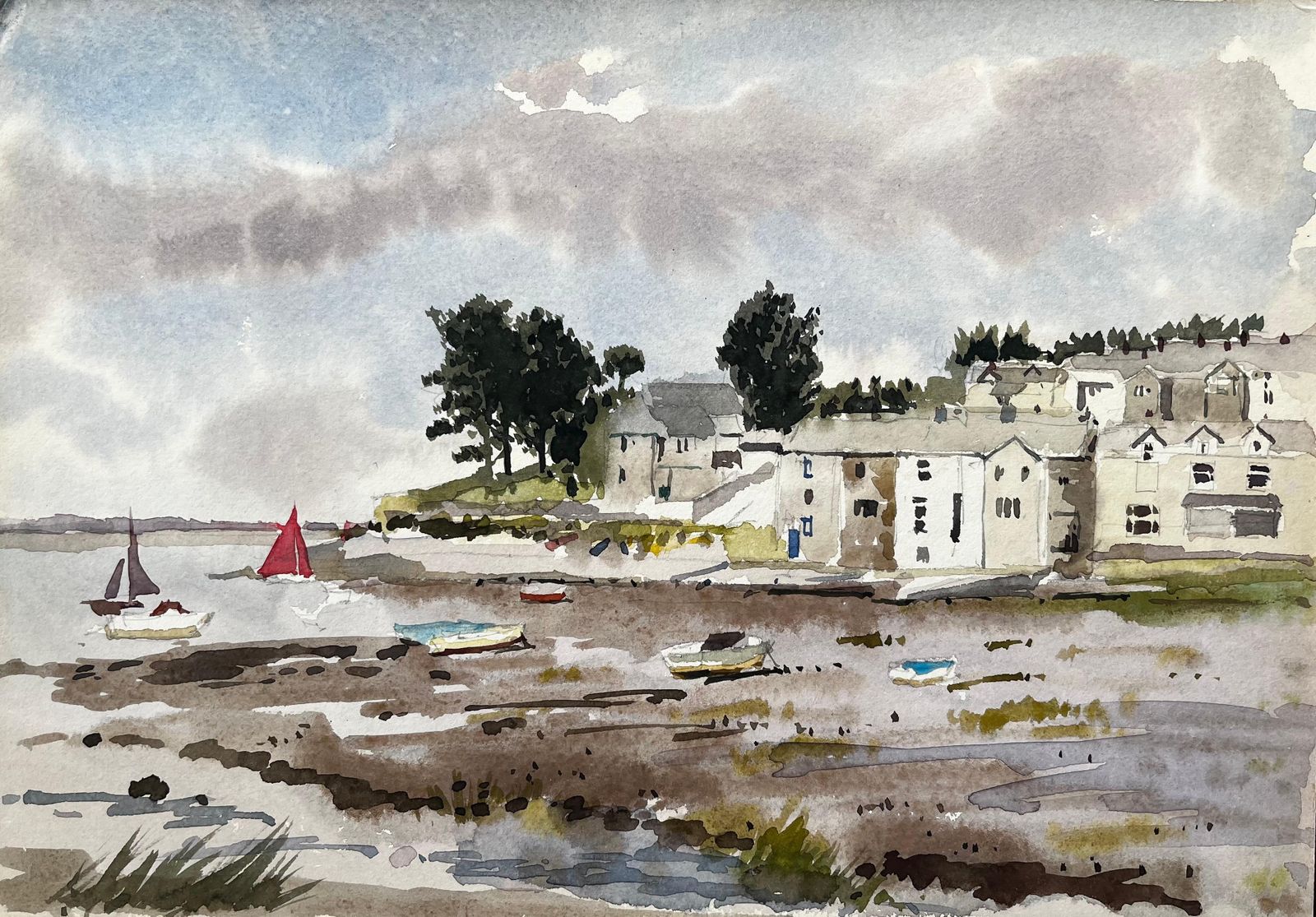 Anthony Herbertboats At Low Tide With Village And Trees Borth Y Gest North Wales 19941994