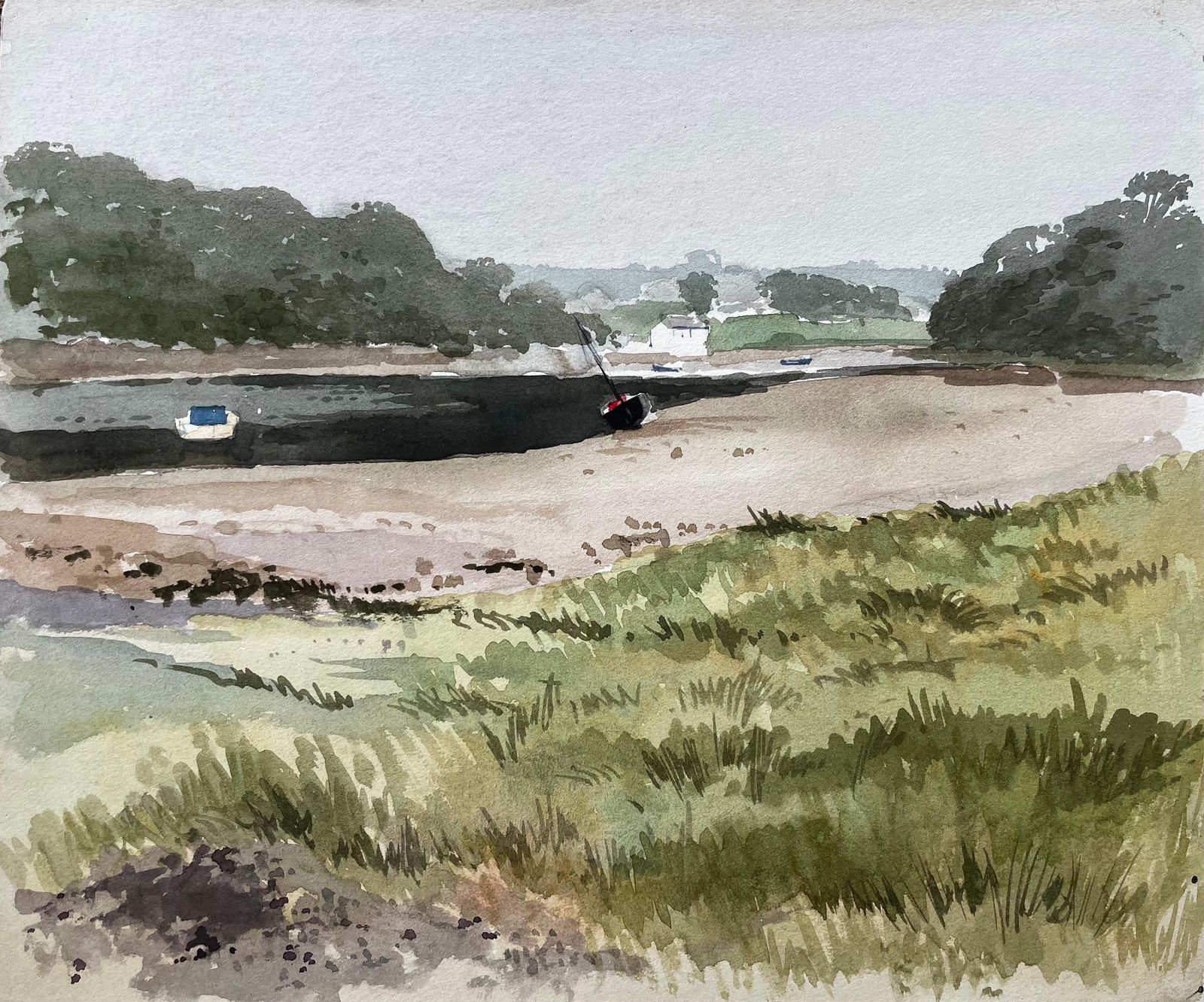 Anthony Herbertlow Tide Estuary Scene With Boats And Sandbanks St Dogmaels Wales 19711971